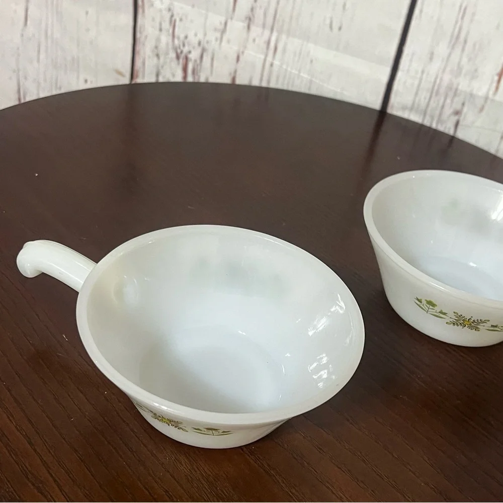 ANCHOR HOCKING Fire King ware Vintage White Soup Bowls with Green Floral Design - Picture 8 of 14